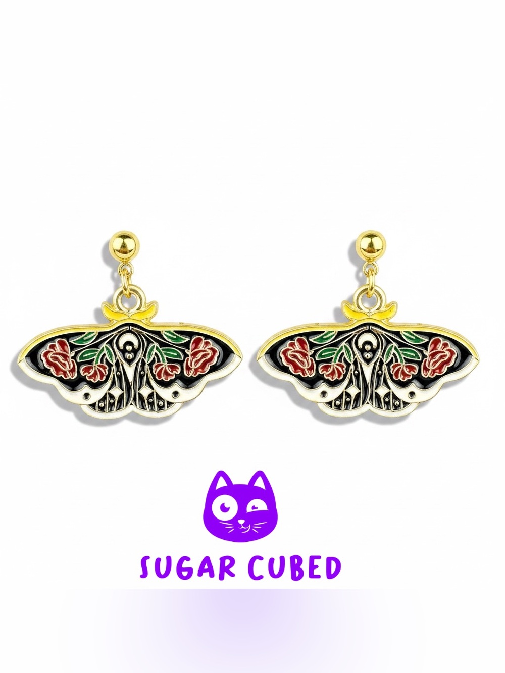 Moth Enamel Earrings “Roses” Midnight in the Garden by Sugar Cubed | Handmade